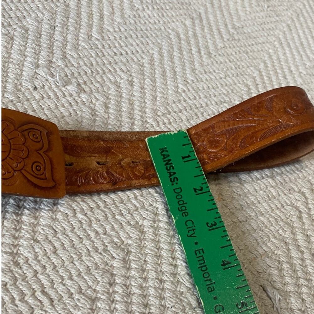 VTG Hand Tooled Leather Belt Size 34 Full Grain Cowhide Sun Face Stamped Unisex - Picture 3 of 12